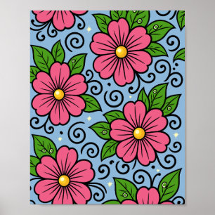 Poster Fleurs roses avec feuilles vertes et détails courb