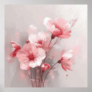 Poster Fleurs roses, blanches et grises