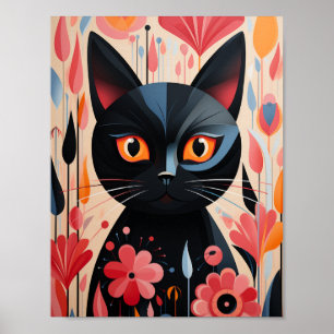 Poster Fleurs roses Chat Noir
