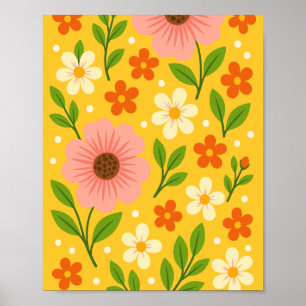 Poster Fleurs roses, crème et orange avec des feuilles ve