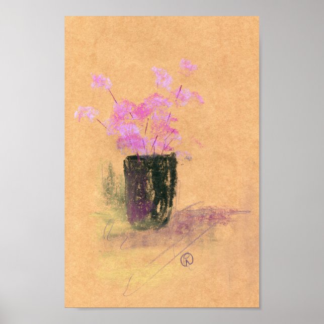 Poster Fleurs roses dans un vase noir (Devant)
