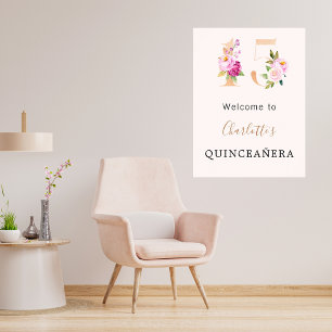 Poster Fleurs roses de Pêche nombre Quinceanera bienvenue