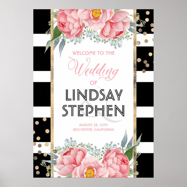 Poster Fleurs roses Elégant Mariage de rayures noires Bie (Devant)
