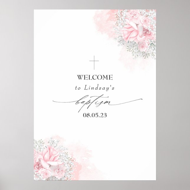 Poster Fleurs roses et Baptême de l'haleine pour bébé Bie (Devant)