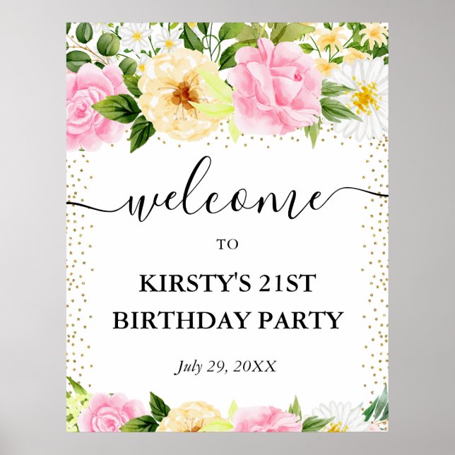 Poster Fleurs roses et jaunes 21e anniversaire Bienvenue (Devant)