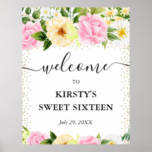 Poster Fleurs roses et jaunes Douce 16 Bienvenue