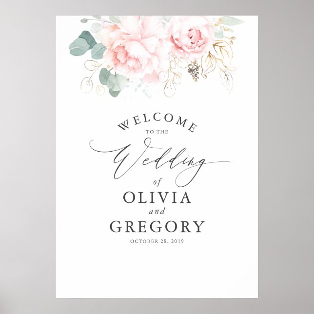 Poster Fleurs roses et verdure or Mariage élégant (Devant)