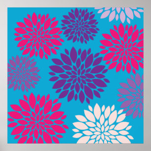 Poster Fleurs roses et violettes sur bleu Turquoise