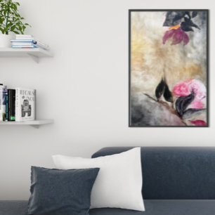 Poster Fleurs roses harmoniques Feuilles noirs Abstraits