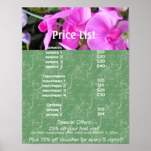 Poster Fleurs roses  Liste de prix des services Reiki zen