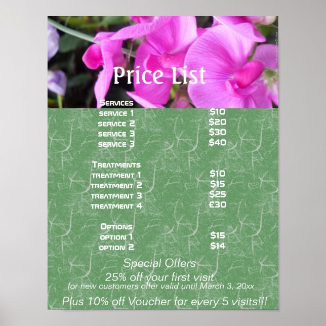 Poster Fleurs roses  Liste de prix des services Reiki zen (Devant)