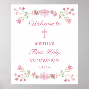 Poster Fleurs roses Première communion Accueil