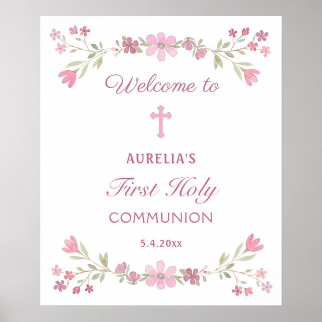 Poster Fleurs roses Première communion Accueil (Devant)