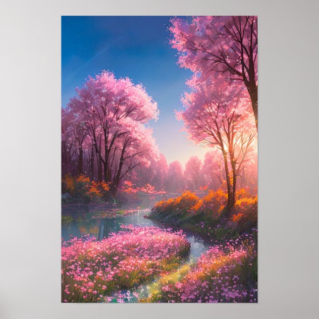 Poster Fleurs roses qui envahissent le marais forestier (Devant)