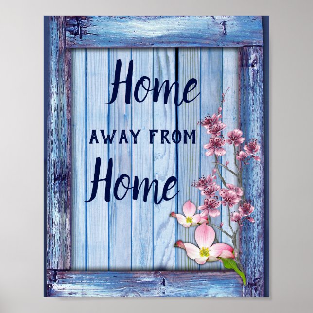 Poster Fleurs roses sur la texture de bois bleu (Devant)