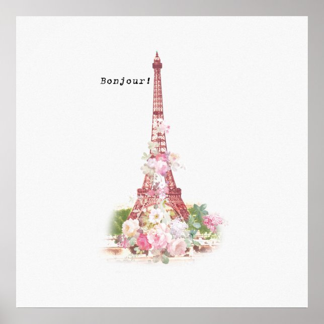 Poster Fleurs roses vintages girly Paris Tour Eiffel (Devant)