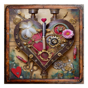Poster Fleurs Rouge à Lèvres Coeur Série Steampunk