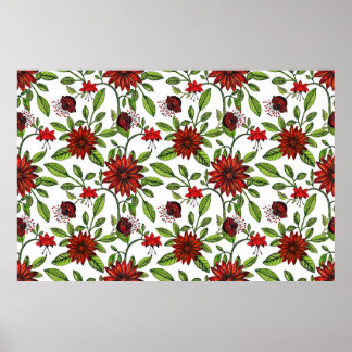 Poster Fleurs rouges abstraites et feuilles verts sur fon