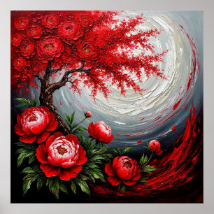 Poster Fleurs rouges et arbre sur un fond tourbillonnant