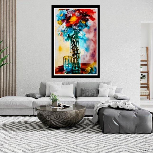 Poster Fleurs rouges jaunes bleues sur vase abstrait (Créateur téléchargé)