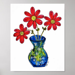 Poster Fleurs rouges lunaires dans Vase bleu