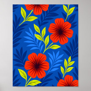 Poster Fleurs rouges vermillon audacieuses avec des feuil