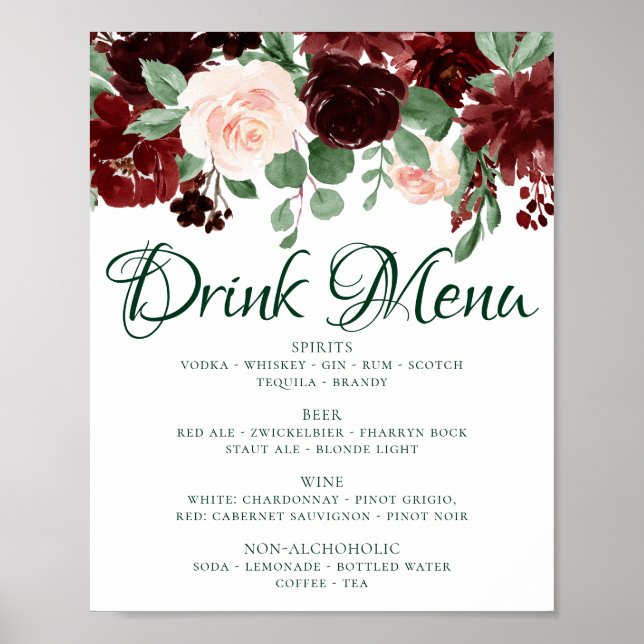 Poster Fleurs Rustiques | Menu Boissons Rouge Marsala Ter (Devant)