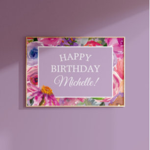 Poster Fleurs sauvages aquarelle rose violet Joyeux Anniv