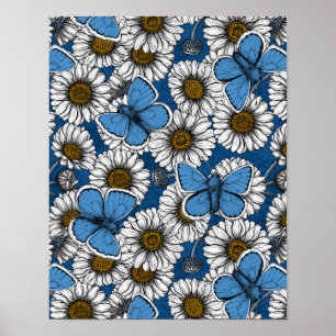 Poster Fleurs sauvages blanches et papillons bleus