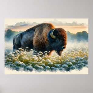 Poster Fleurs sauvages blancs de bison aquarelle