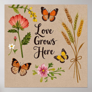 Poster Fleurs sauvages bohémiennes, papillons, tiges de b