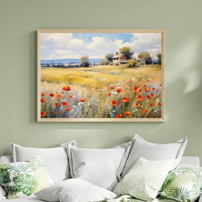 Poster Fleurs sauvages en campagne Agritourisme rustique (Orange White Wildflowers Country Rustic Landscape Farmhouse Wall Art Watercolor Print)