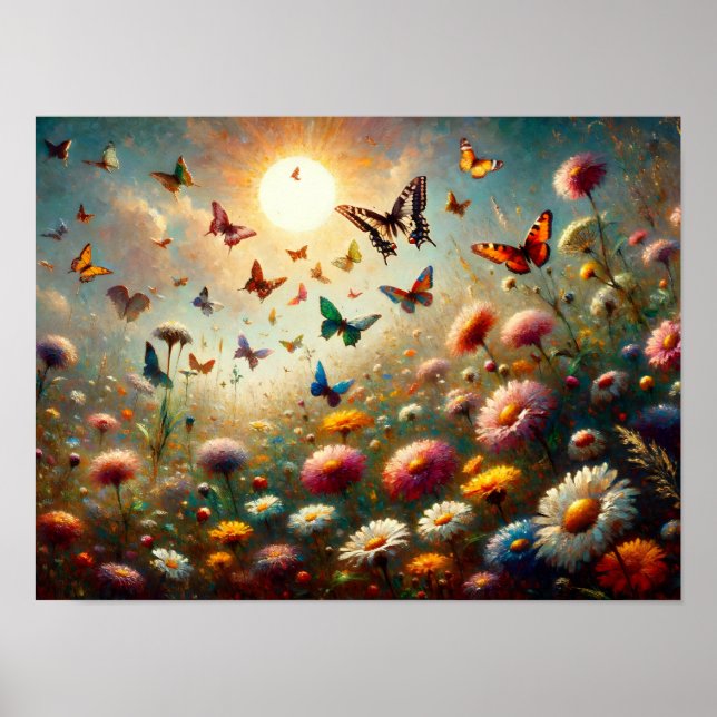 Poster Fleurs sauvages en fleurs entourés de papillons (Devant)