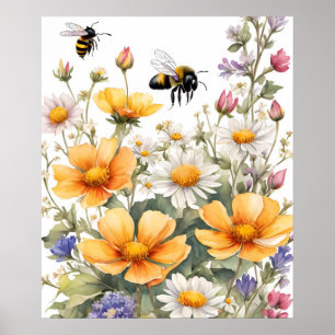 Poster Fleurs sauvages et Abeilles de miel Aquarelle