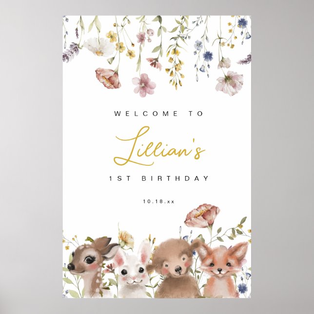 Poster Fleurs sauvages et animaux des bois Bienvenue à l' (Devant)