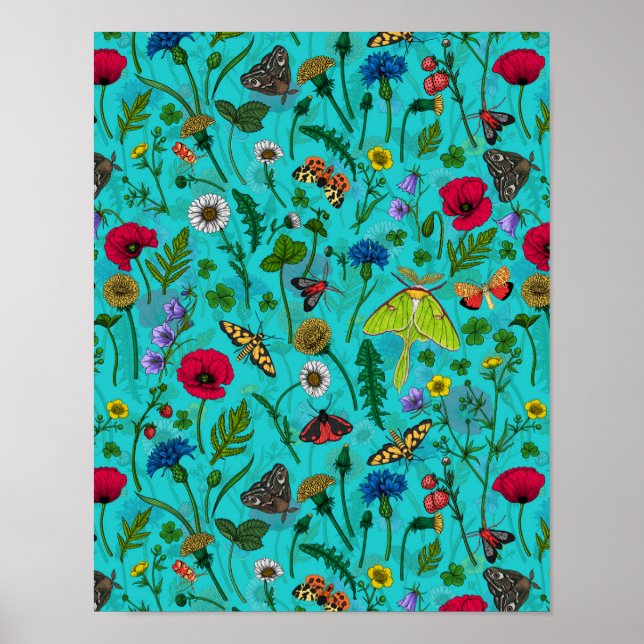 Poster Fleurs sauvages et papillons de nuit sur turquoise (Devant)