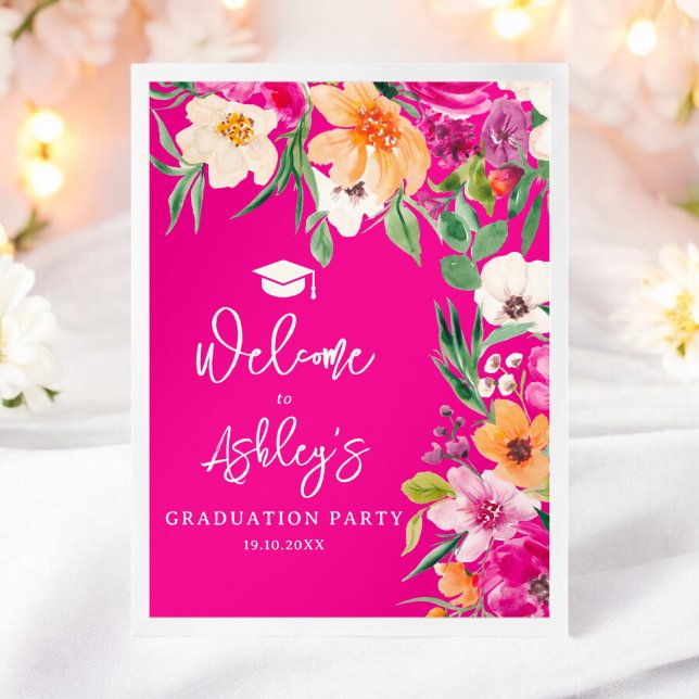 Poster Fleurs sauvages lumineuses Bienvenue à la remise d (Bright wild flowers pink graduation welcome poster)