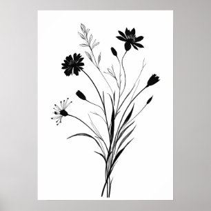 Poster Fleurs sauvages minimalistes d'encre noir et blanc