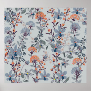 Poster Fleurs sauvages sur bleu, motif botanique.