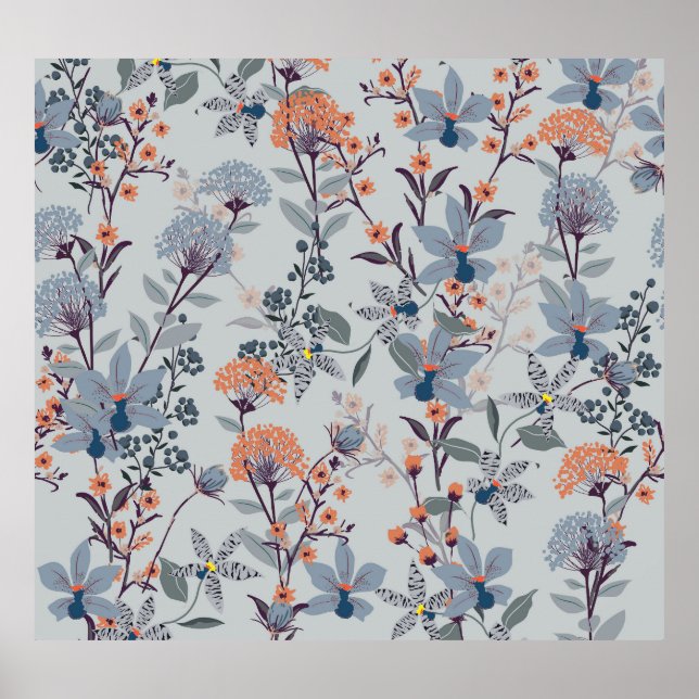 Poster Fleurs sauvages sur bleu, motif botanique. (Devant)