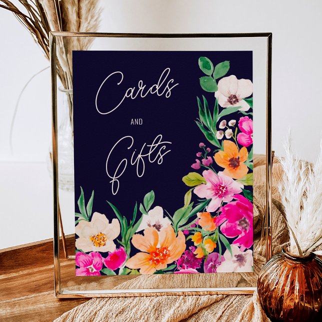 Poster Fleurs sauvages vives et vives bienvenue douche nu (Bright bold wild flowers welcome bridal shower poster on navy blue)