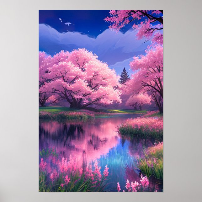 Poster Fleurs sur Bleu, Sakura Arbres au bord de la riviè (Devant)