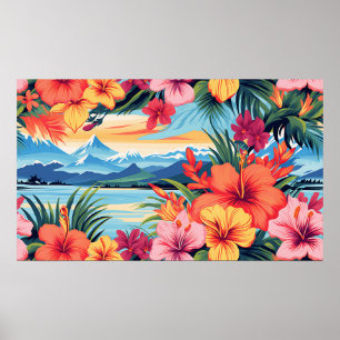 Poster Fleurs tropicales colorées et paysage