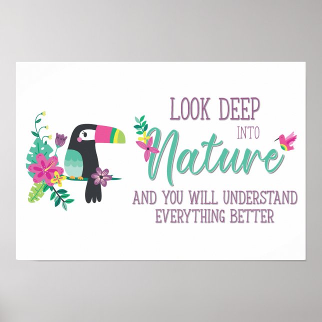 Poster fleurs tropicales colorées et toucan inspirant (Devant)