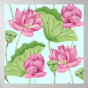 Poster Fleurs tropicales, feuilles, lotus roses, nénuphar