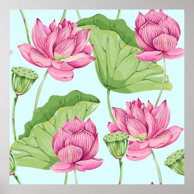 Poster Fleurs tropicales, feuilles, lotus roses, nénuphar (Devant)