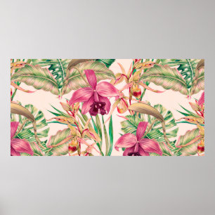 Poster Fleurs tropicales, fleur d'orchidées, feuilles de