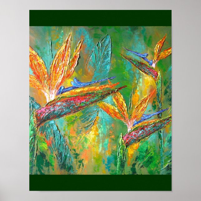 Poster Fleurs Tropicales Oiseaux De Peinture Paradisiaque (Devant)