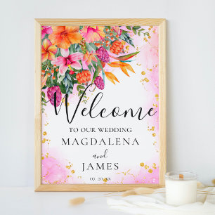 Poster Fleurs tropicales roses et oranges colorées Bienve
