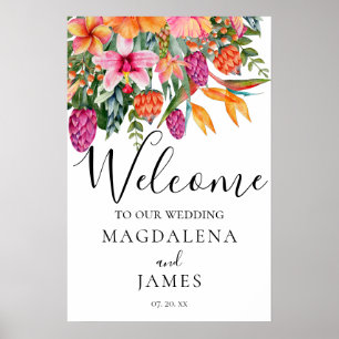 Poster Fleurs tropicales roses et oranges colorées Bienve